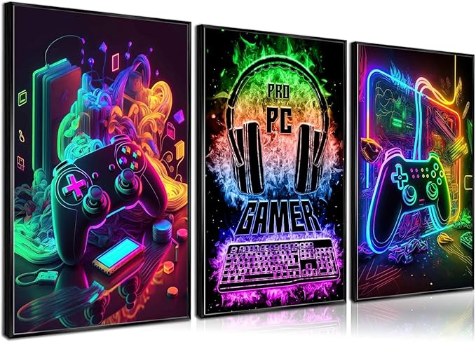 3Pcs Cool Gaming Wall Art Retro Video Gamer watercolor Posters Pictures Colorful Neon Gamepad Canvas Painting Prints for Boys Room Kids Gamer Room Bedroom for Boys Home Decoration 12x16in
