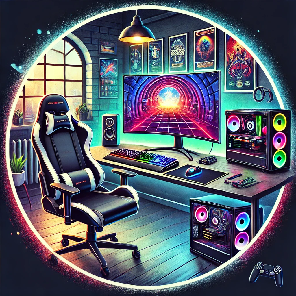 20 Must-Have Gaming Accessories to Level Up Your Setup 1 an ultimate gaming setup with a curved monitor, RGB keyboard, gaming PC with LED lighting, and neon ambiance.